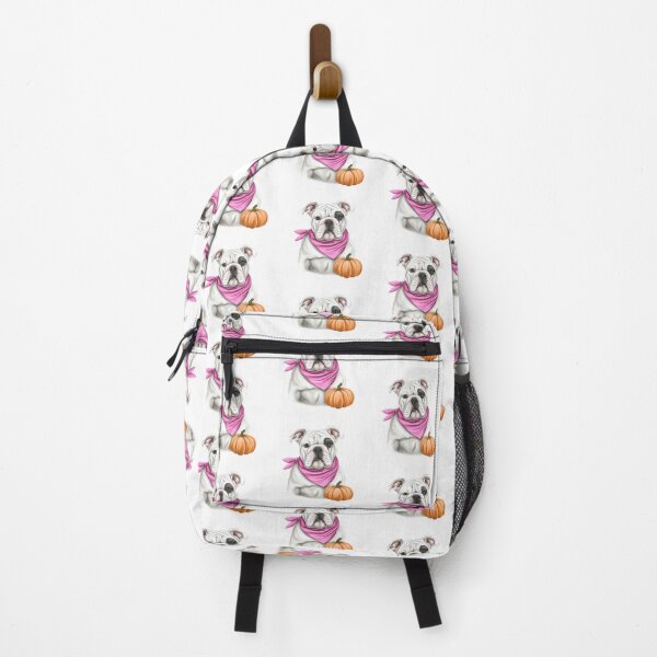 Item preview, White bulldog wearing a pink ribbon scarf with pumpkin symbolizing breast cancer awareness and hope designed and sold by olenapetol.