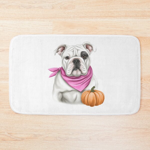 Item preview, White bulldog wearing a pink ribbon scarf with pumpkin symbolizing breast cancer awareness and hope designed and sold by olenapetol.