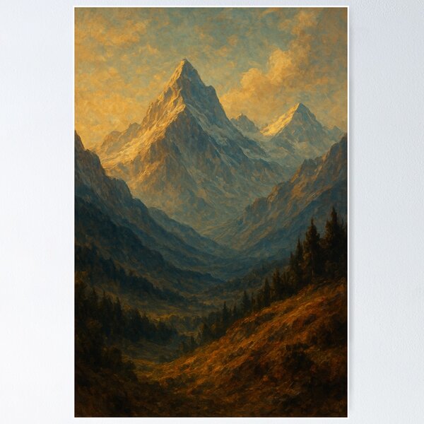 Artikelvorschau, Golden Twilight Mountain Wandkunst – Majestätische Gipfel entworfen und verkauft von WittyUnknown.