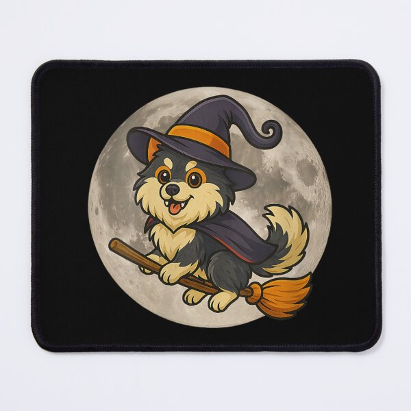 Item preview, Cute Witch Dog Flying on Broomstick Halloween Full Moon Graphic designed and sold by DorikoKazan.