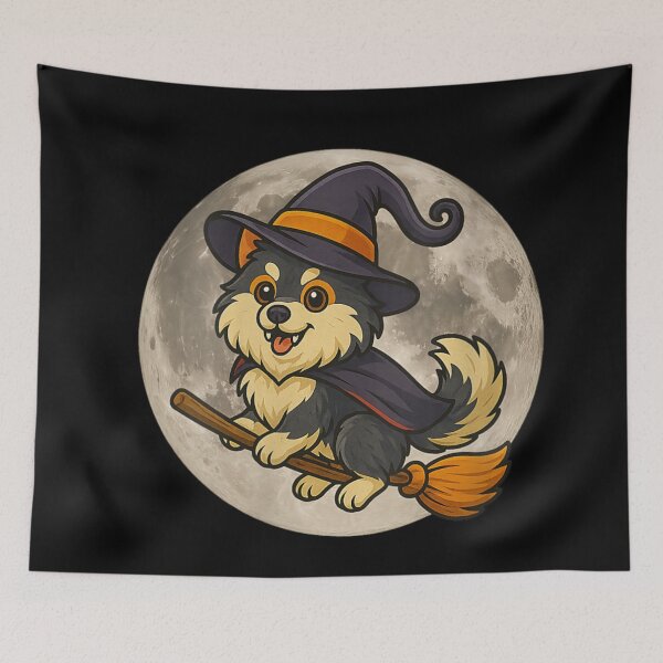 Item preview, Cute Witch Dog Flying on Broomstick Halloween Full Moon Graphic designed and sold by DorikoKazan.