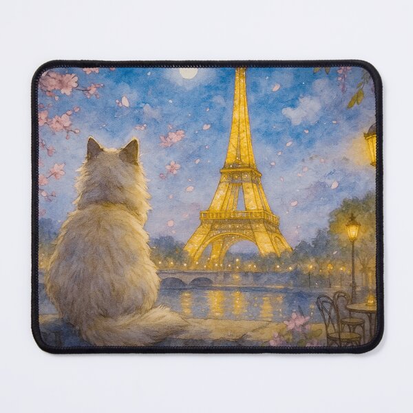 Item preview, a fluffy cat looking at eiffel towe in romantic night designed and sold by asth77.