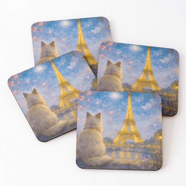 Item preview, a fluffy cat looking at eiffel towe in romantic night designed and sold by asth77.