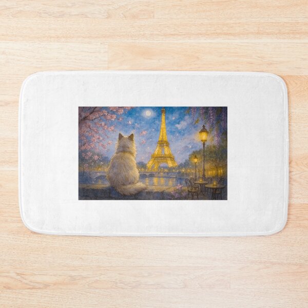 Item preview, a fluffy cat looking at eiffel towe in romantic night designed and sold by asth77.
