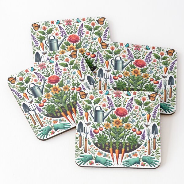 Item preview, Floral Garden Illustration with Tools and Vegetables. designed and sold by The-T-In-Retro.