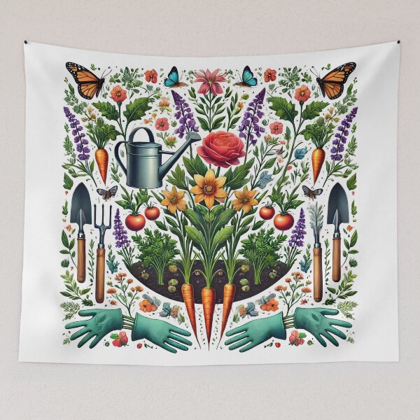 Item preview, Floral Garden Illustration with Tools and Vegetables. designed and sold by The-T-In-Retro.