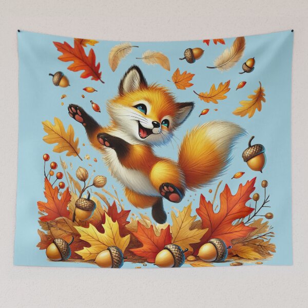 Aperçu de l'œuvre Renard d'automne fringant dans les feuilles créée et vendue par Eclectic Monkey.