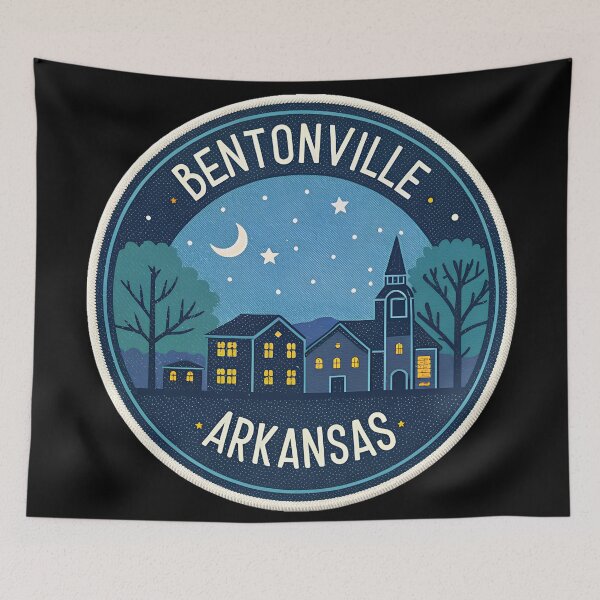 Item preview, Bentonville Skyline at Night Retro Badge designed and sold by VividOrganica.