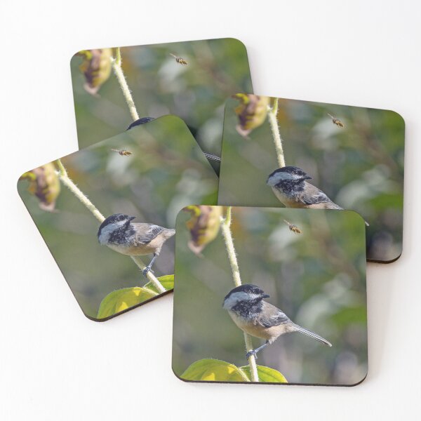 Item preview, Black-Capped Chickadee with bee flying overhead designed and sold by lisavonbiela.