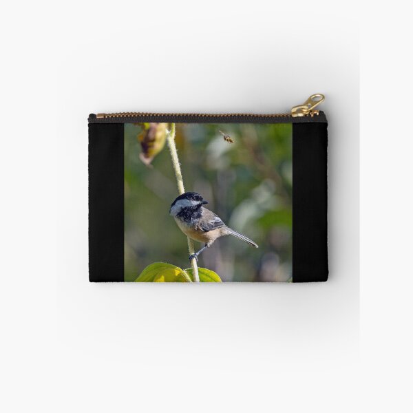 Item preview, Black-Capped Chickadee with bee flying overhead designed and sold by lisavonbiela.