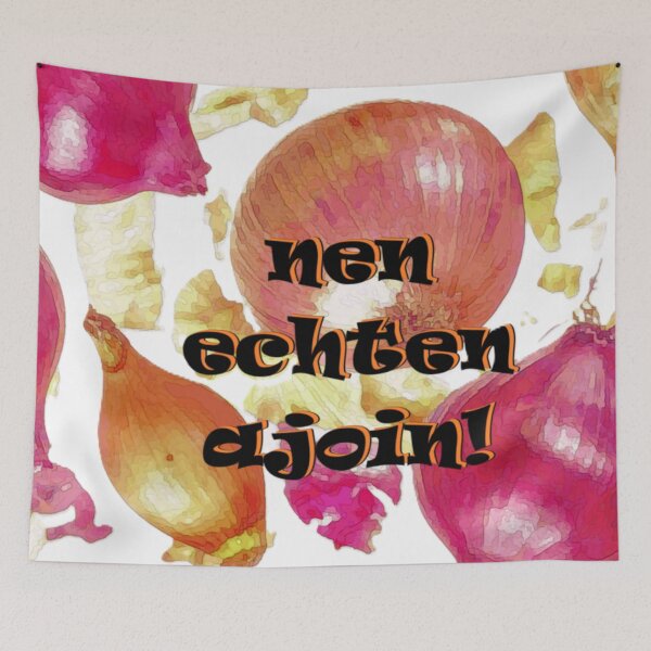 Item preview, Nen echten ajoin - Bold Black And Yellow Text Over Colorful Onion Pattern Background - Festive Graphic designed and sold by CreativeWorld96.