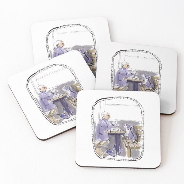 Item preview, Man in a cafe with his dog ink drawing, lavender designed and sold by Suburbansketcher.