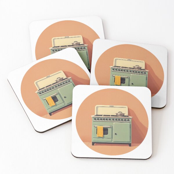 Item preview, Retro Kitchen Charm: Mint Green Stove Against Tangerine Glow designed and sold by ForeverPrintsOK.