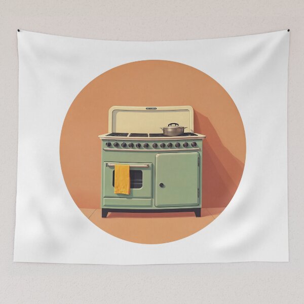Item preview, Retro Kitchen Charm: Mint Green Stove Against Tangerine Glow designed and sold by ForeverPrintsOK.