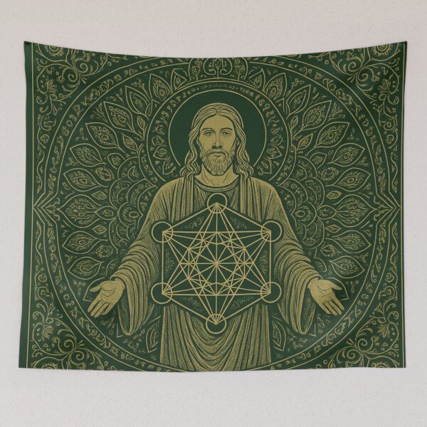 Item preview, Divine Metatron Geometry – Olive & Gold Sacred Art | Spiritual Jesus Tapestry, Blanket, Duvet & Shower Curtain designed and sold by iandriani.