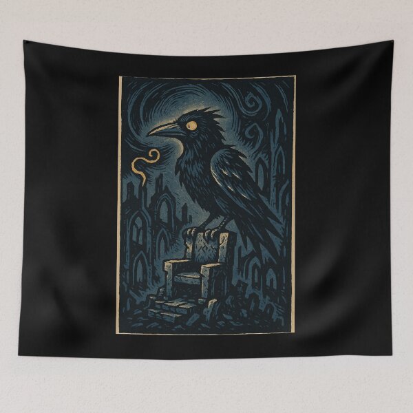 Item preview, Castlecore – Raven on the Stone Throne – Woodcut Illustration • Vintage Print Aesthetic designed and sold by JacobKAurumhead.