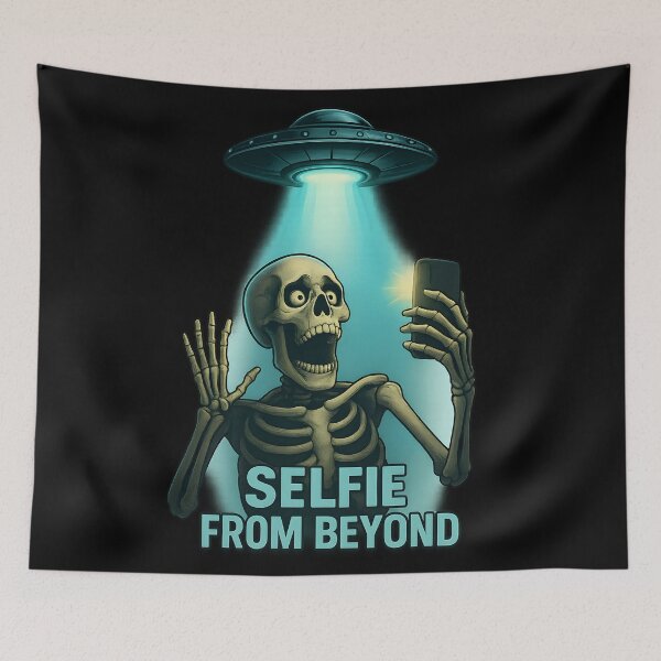 Item preview, Cosmic Selfie Encounter – Funny Skeleton Taking a Selfie Under UFO Light designed and sold by ArcadiaSilence.