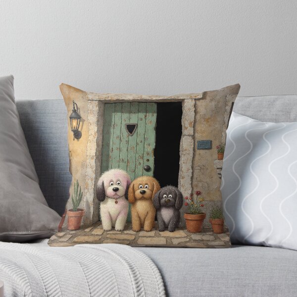 Item preview, Three Fluffy Friends at the Cottage Door – Whimsical Dog Illustration designed and sold by Whimsical Hug.
