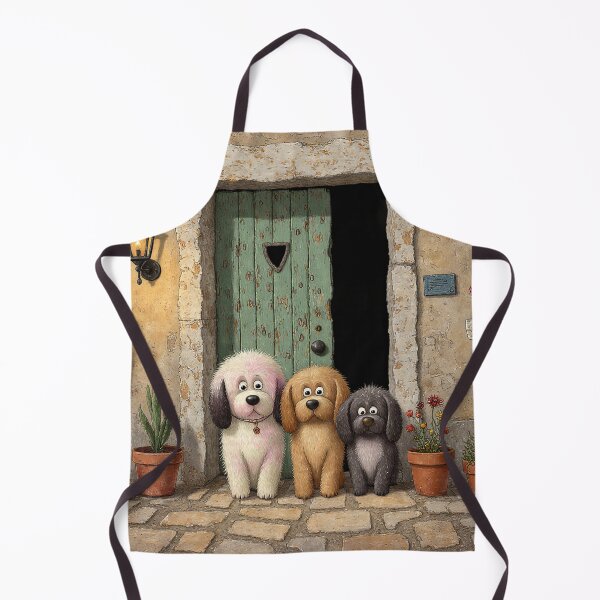 Item preview, Three Fluffy Friends at the Cottage Door – Whimsical Dog Illustration designed and sold by Whimsical Hug.