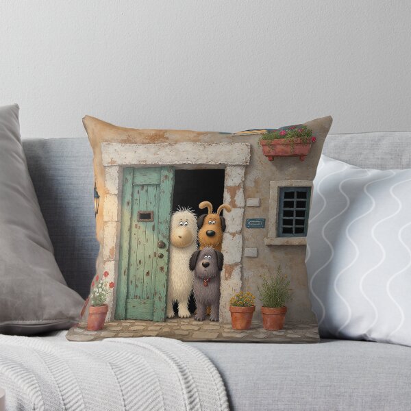 Item preview, Three Curious Dogs at the Cottage Door – Whimsical Rustic Illustration designed and sold by Whimsical Hug.