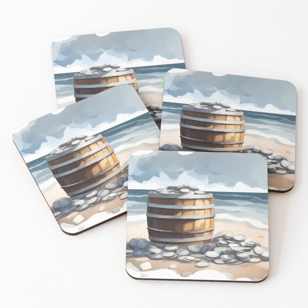 Item preview, Wooden Barrel of Silver Coins on Beach designed and sold by CalmnessbyChoice.