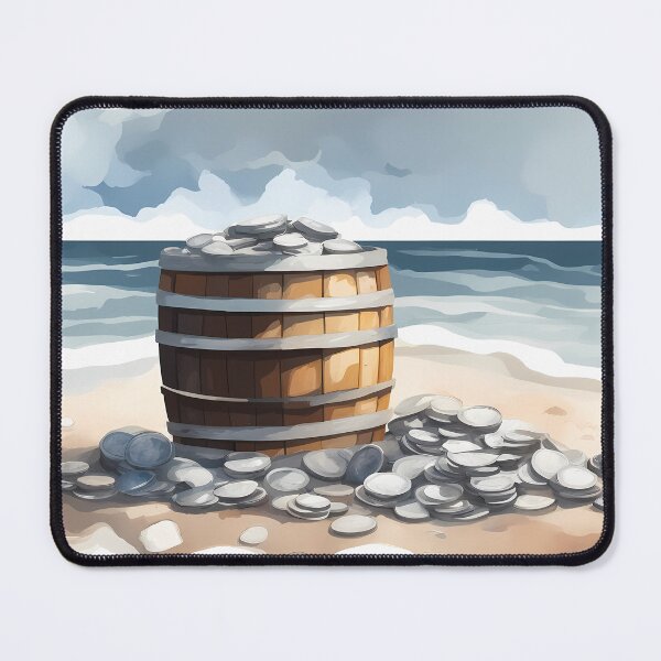 Item preview, Wooden Barrel of Silver Coins on Beach designed and sold by CalmnessbyChoice.