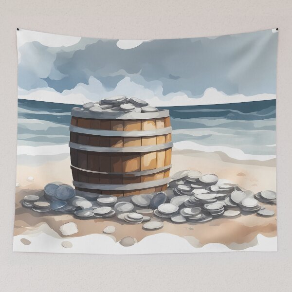 Item preview, Wooden Barrel of Silver Coins on Beach designed and sold by CalmnessbyChoice.