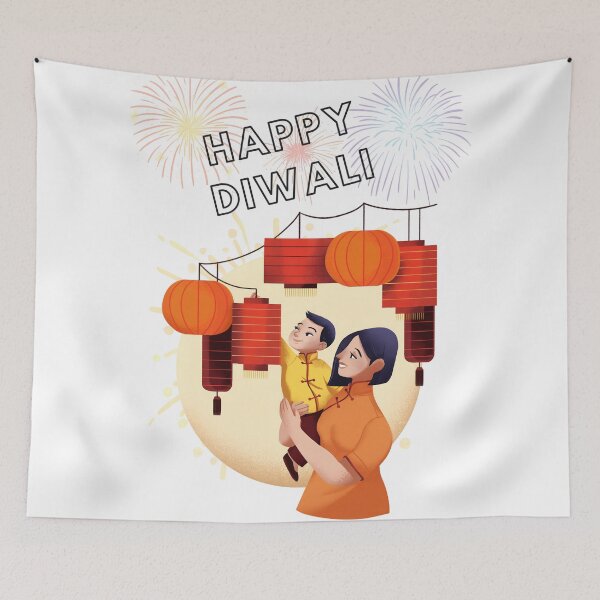 Item preview, Happy Diwali - Mother & Child Lantern Celebration with Fireworks designed and sold by Kruti Collection.