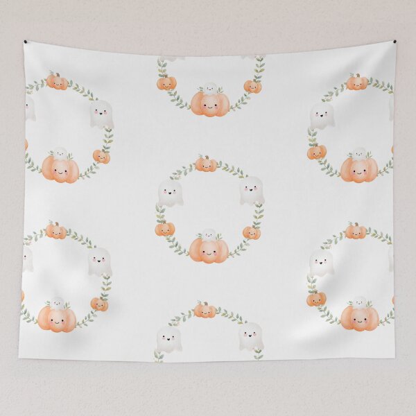 Item preview, Watercolor ghost and pumpkin wreath designed and sold by MendaciousMina.