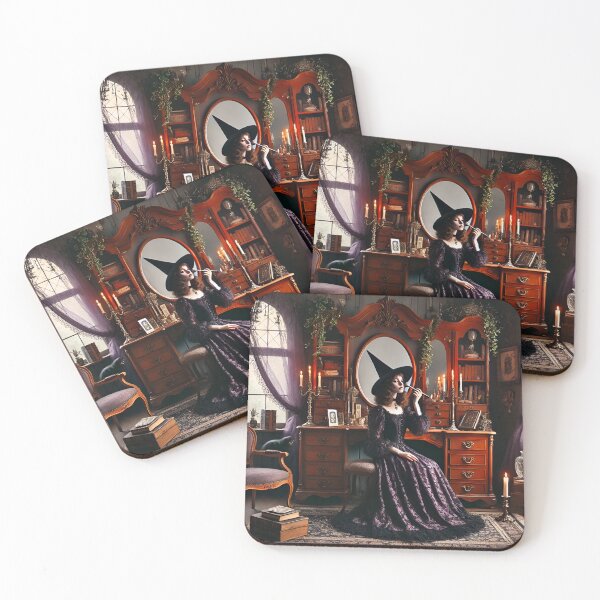 Item preview, Gothic Witch Vanity – Elegant Witchcore Art with Candles, Books & Black Cat designed and sold by NancyzKreations.
