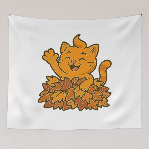 Aperçu de l'œuvre Funny orange cat jumping into autumn leaves – cute fall cartoon illustration créée et vendue par MeowLaugh.