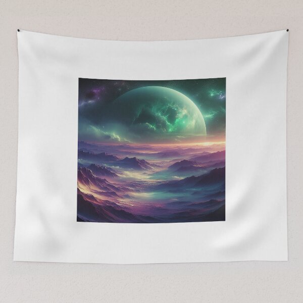 Item preview, Setting Green Planet Over Desolate Mountain Landscape designed and sold by Aesthetic-Ai.