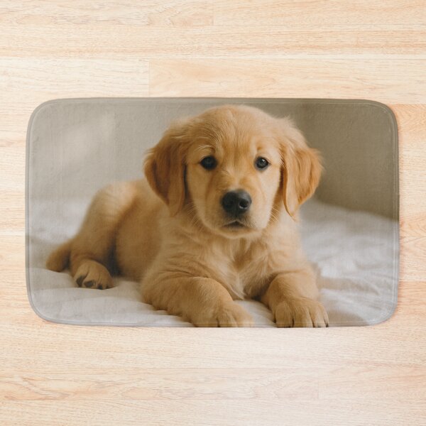 Item preview, Golden retriever puppy lying on bed designed and sold by SassyArtistry.