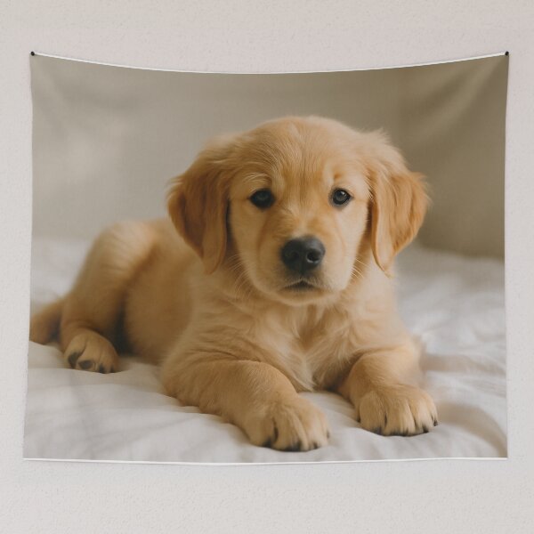 Item preview, Golden retriever puppy lying on bed designed and sold by SassyArtistry.