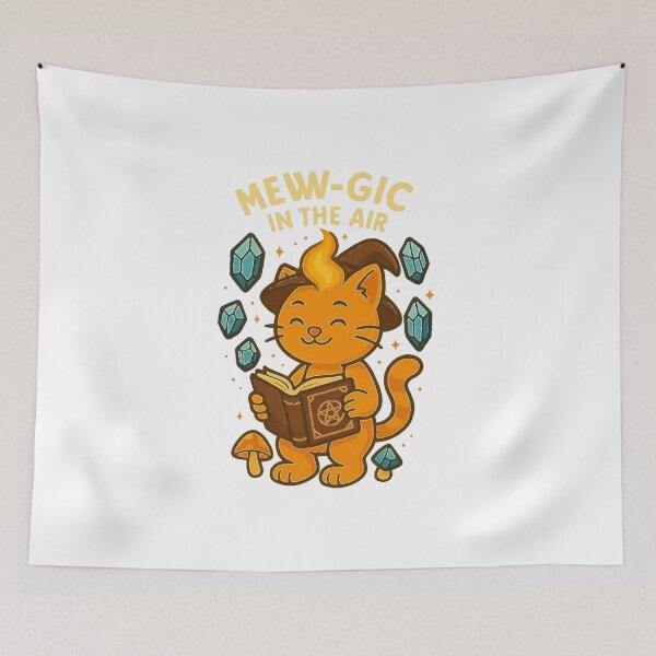 Aperçu de l'œuvre Witchy orange cat with floating crystals and spellbook – cute magical Halloween cartoon illustration créée et vendue par MeowLaugh.