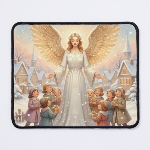 Item preview, Christmas angel gives gifts to little children in a snowy landscape designed and sold by RISE Creations.
