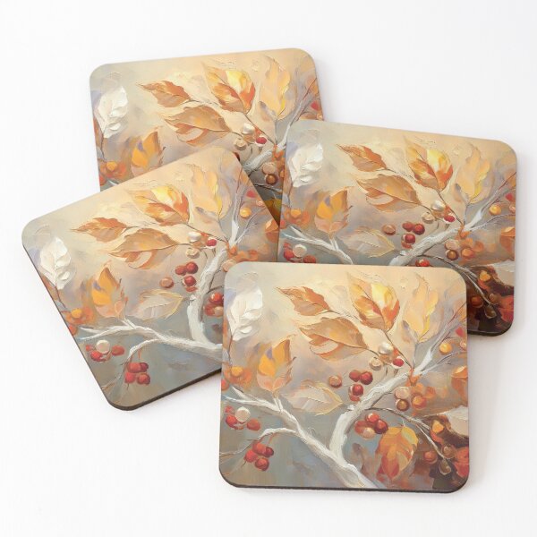 Item preview, Warm and cosy Autumn leaves on branch fall colours, juicy berries, VINTAGE leaf textured pattern botanicals thick oil painting, burnt orange and brown, neutral colours  designed and sold by navitalidesign.