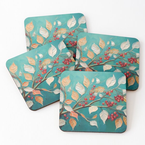 Item preview, Teal and Warm Autumn leaves on branch fall colours, red berries, VINTAGE leaf textured pattern botanicals thick oil painting, burnt orange and brown, neutral colours  designed and sold by navitalidesign.
