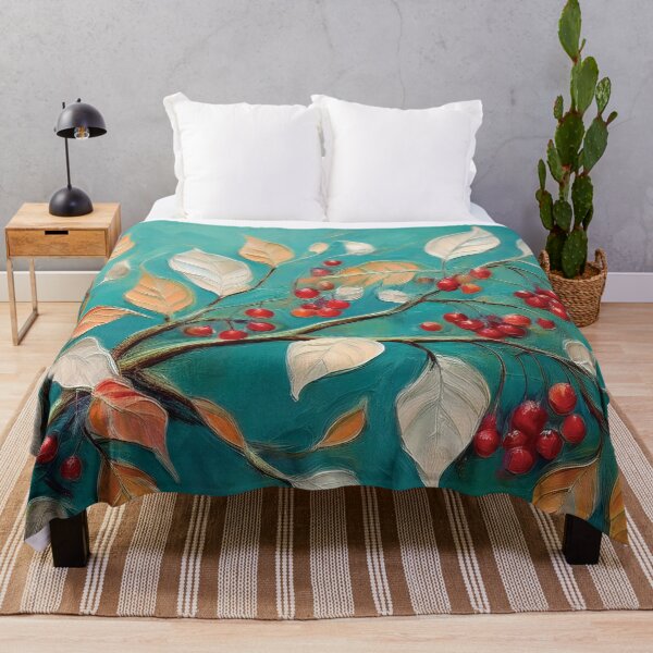 Item preview, Teal and Warm Autumn leaves on branch fall colours, red berries, VINTAGE leaf textured pattern botanicals thick oil painting, burnt orange and brown, neutral colours designed and sold by navitalidesign.