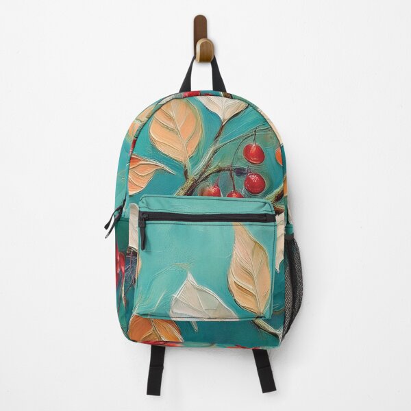 Item preview, Teal and Warm Autumn leaves on branch fall colours, red berries, VINTAGE leaf textured pattern botanicals thick oil painting, burnt orange and brown, neutral colours designed and sold by navitalidesign.