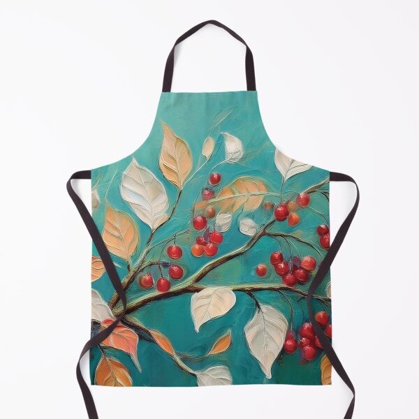 Item preview, Teal and Warm Autumn leaves on branch fall colours, red berries, VINTAGE leaf textured pattern botanicals thick oil painting, burnt orange and brown, neutral colours designed and sold by navitalidesign.