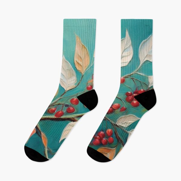 Item preview, Teal and Warm Autumn leaves on branch fall colours, red berries, VINTAGE leaf textured pattern botanicals thick oil painting, burnt orange and brown, neutral colours  designed and sold by navitalidesign.