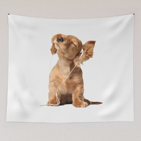 Item preview, whimsical dog listening to music meme puppy with earphones frutiger aero y2k cute designed and sold by Kyna Arts.