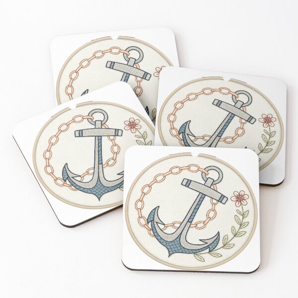 Item preview, Nautical charm with a vintage embroidered anchor, chain, and flower in a hoop, evoking a sense of maritime adventure and handcrafted artistry designed and sold by mobiza1000.