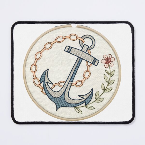 Item preview, Nautical charm with a vintage embroidered anchor, chain, and flower in a hoop, evoking a sense of maritime adventure and handcrafted artistry designed and sold by mobiza1000.