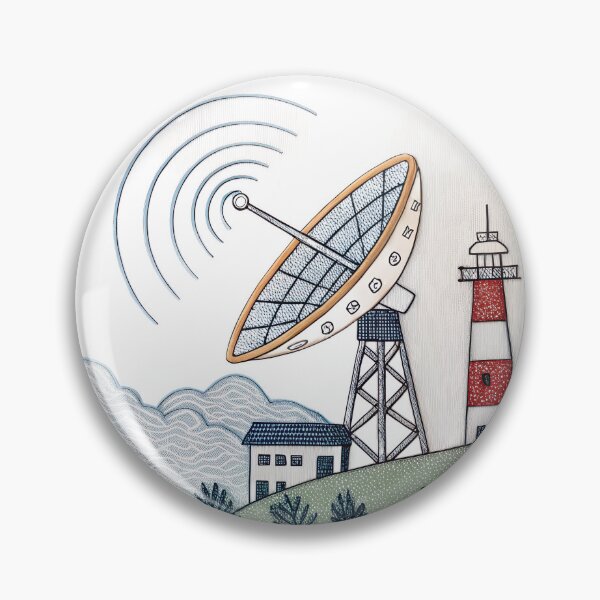 Item preview, Whimsical embroidery art showcasing a coastal scene with a lighthouse, satellite dish, and charming cottage, evoking a sense of nostalgia and wanderlust designed and sold by mobiza1000.