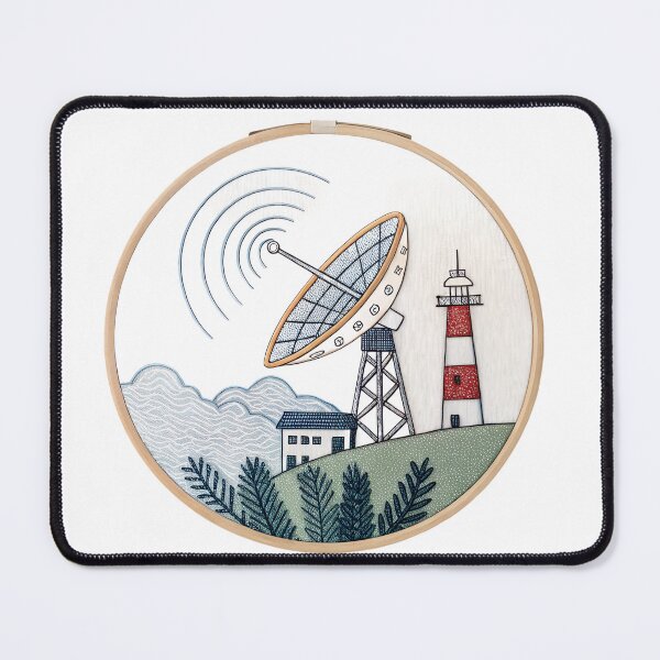 Item preview, Whimsical embroidery art showcasing a coastal scene with a lighthouse, satellite dish, and charming cottage, evoking a sense of nostalgia and wanderlust designed and sold by mobiza1000.