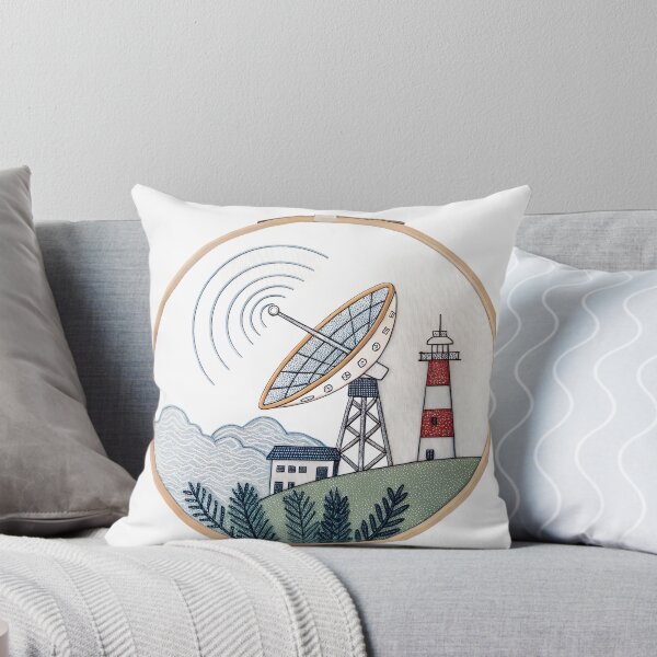 Item preview, Whimsical embroidery art showcasing a coastal scene with a lighthouse, satellite dish, and charming cottage, evoking a sense of nostalgia and wanderlust designed and sold by mobiza1000.