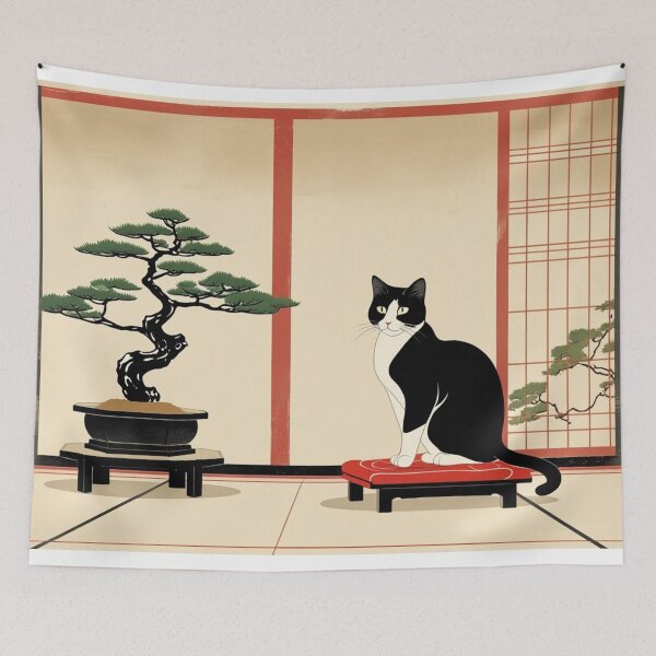 Item preview, Cat and Bonsai Pine – Japanese Minimal Art designed and sold by LEO'S CREATURE　れおずくりーちゃー.
