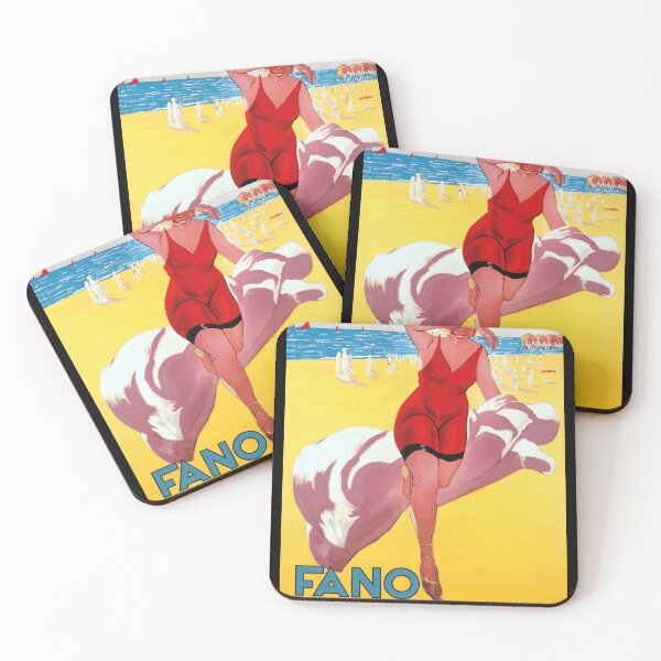 Item preview, Vintage Fano Travel Poster | Art Deco Beach Scene | Italy Seaside Resort | Retro Wall Decor | Red Bathing Suit & Sailboats designed and sold by artofuniverse.